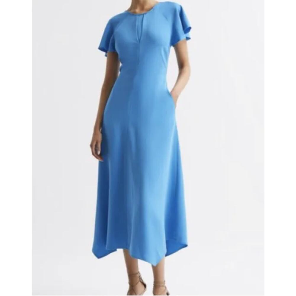 Reiss Eleni Blue Crepe Midi Dress Cap Sleeve Women’s Work Occasion size XS 2